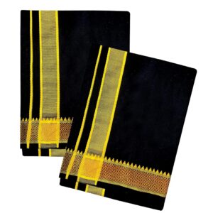 Men’s Cotton Blend Black Dhoti and Towel Set – Solid Pattern, Overlocked Edges, Size 1.23 x 1.87 M