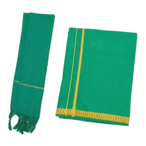 Men’s Cotton Blend Green Dhoti and Towel Set – Solid Pattern, Overlocked Edges, Size 1.23 x 1.87 M